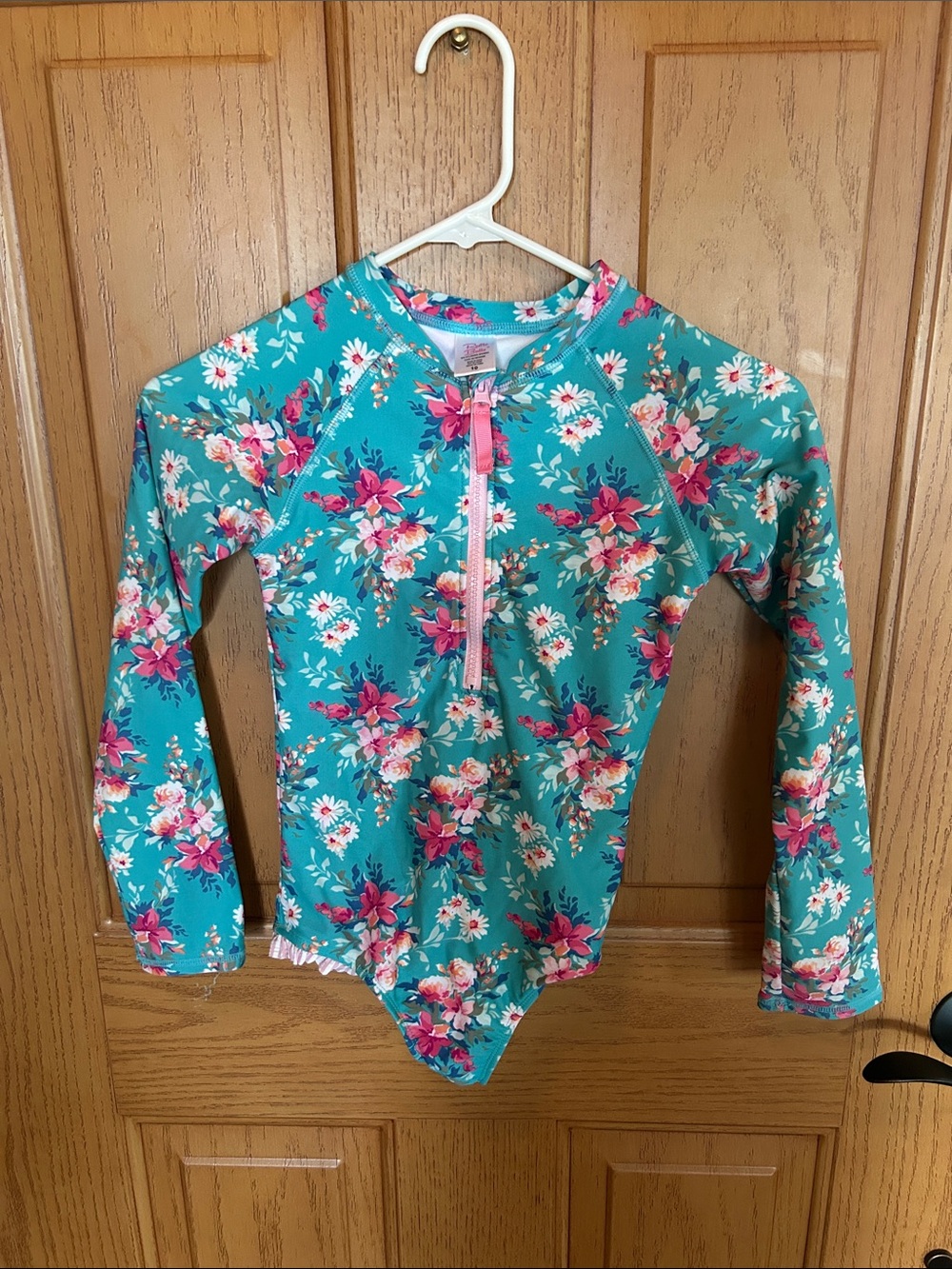 Ruffle Butts Teal Floral Long-Sleeve Rashguard with Pink Flowers